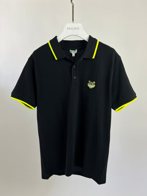 Kenzo Black Polo Shirt with Neon Green Stripe Detail Menswear Size UK 38