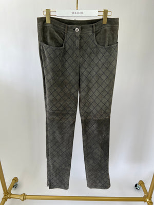 Chanel Grey Suede Trousers with Navy Diamond Stitch Size FR 40 (UK 12)
