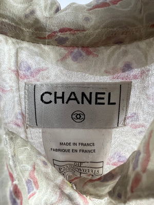 Chanel Beige Printed Sheer Shirt Dress with Pearl CC Buttons Size FR 38 ( UK 10)