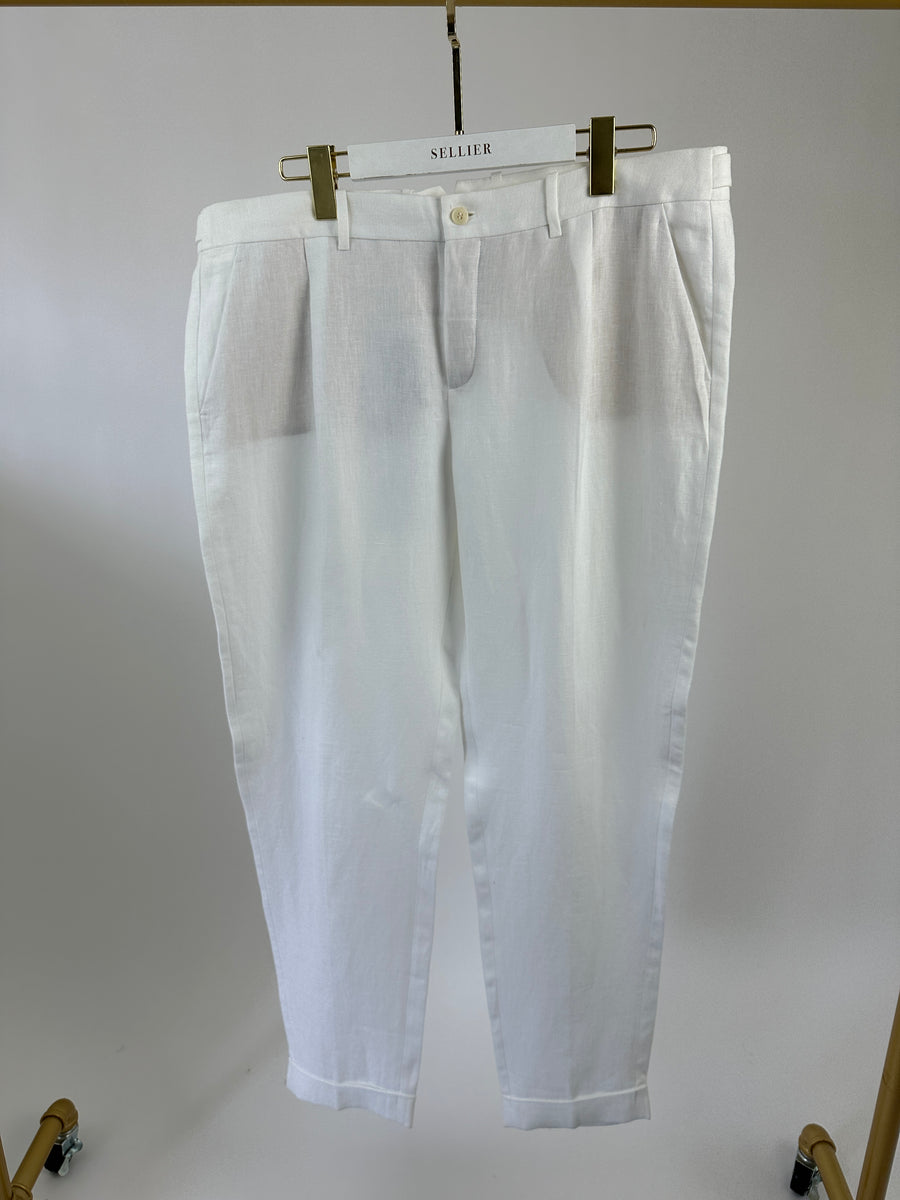 Loro Piana White Linen Trousers with Hem Detail Size IT 52 (UK 20)