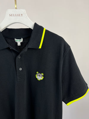 Kenzo Black Polo Shirt with Neon Green Stripe Detail Menswear Size UK 38