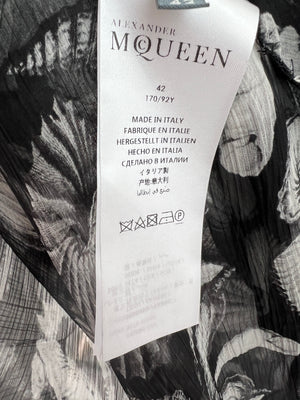 Alexander McQueen Silk Black, White Shell Print Sheer Tunic Blouse with Asymmetric Long Back Size IT 42 (UK 10)