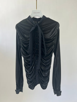 Chanel Black Metallic Long-sleeve Draped Shirt Top with Logo Buttons Detail Size FR 34 (UK 6)