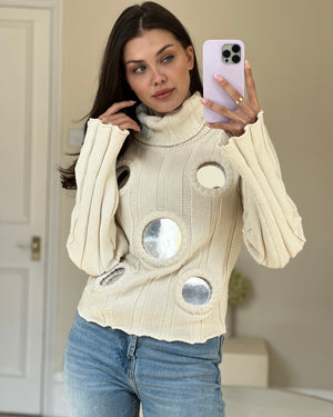 Area Cream Ribbed Turtle Neck Jumper with Round Mirror Detail Size M ( UK 10)