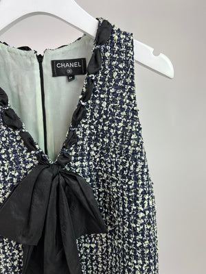 Chanel Navy, White, & Green Tweed V-Neck Mini Dress with Woven Black Bow Detail FR 34 (UK 6)