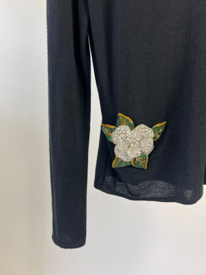 Chanel Black Cashmere V-Neck Jumper with Embellished Flowers FR 38 (UK 10)