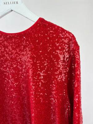 16ARLINGTON Red Sequin and Feather Long Sleeve Party Dress FR 40 (UK 12)