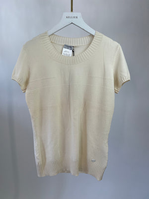 Chanel Cream Wool Short Sleeve Top and Cardigan Set with Black Logo Buttons Size FR 40 (UK 12)