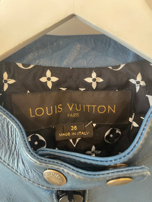 Louis Vuitton Blue Cropped Leather Biker Jacket with Black Leather Details and Monogram Collar Size FR 36 (UK 8)