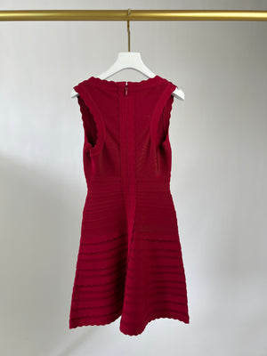 Herve Leger Red Scalloped A-Line Dress with Ribbed Detailing FR 36 (UK 8)