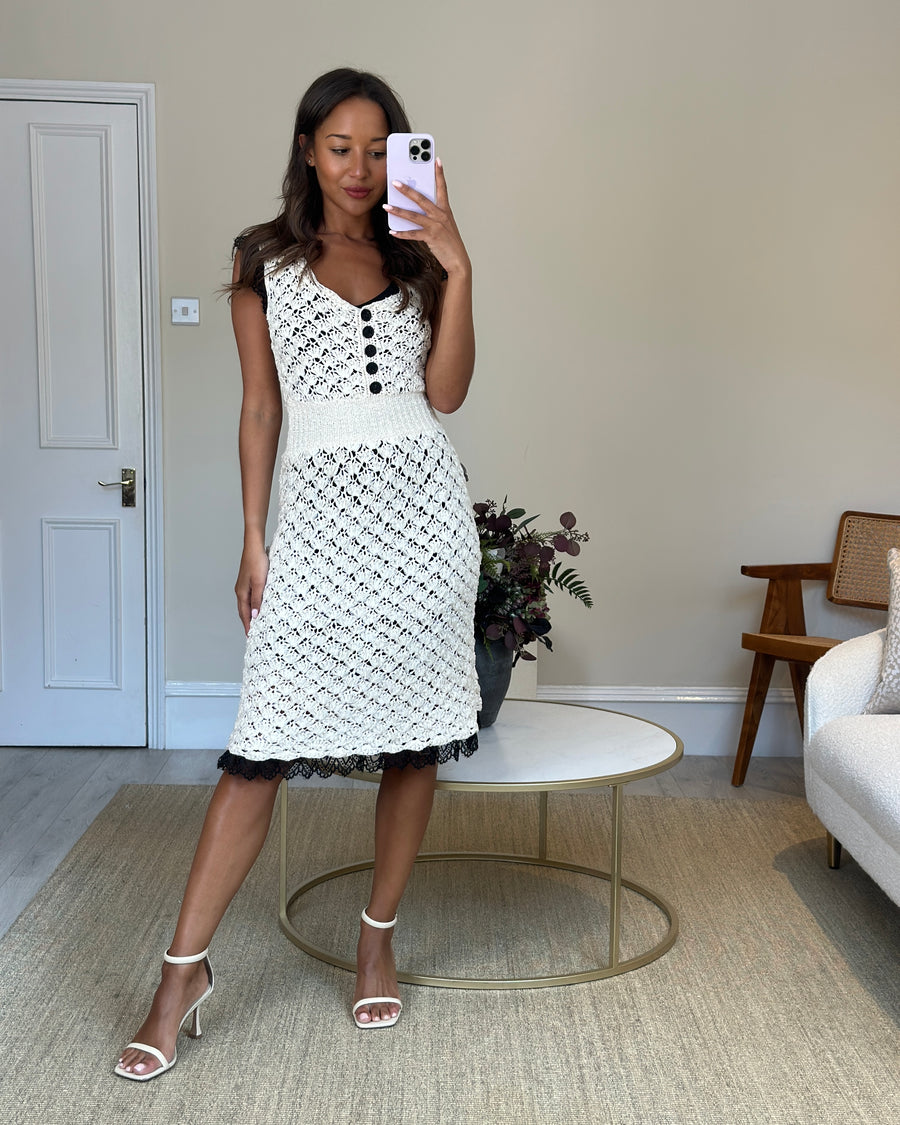 Chanel White and Black Silk Maxi Crochet Dress with Lace Detail Size FR 34 (UK 6)