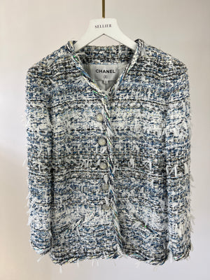 Chanel Baby Blue and White Tweed Jacket with Iridescent CC Logo Button Details Size FR 40 (UK 12)