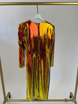 Alex Perry Orange & Yellow Sequin Midi Dress with Ruched Detail Size UK 16