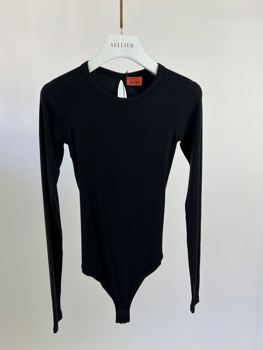Alix NYC Black Ribbed Long Sleeve Bodysuit with Knot Back Detail Size S (UK 8)