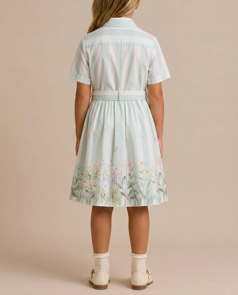 Fendi Pastel Green Striped Floral Butterfly Print Short Sleeve Dress Size 8 Years