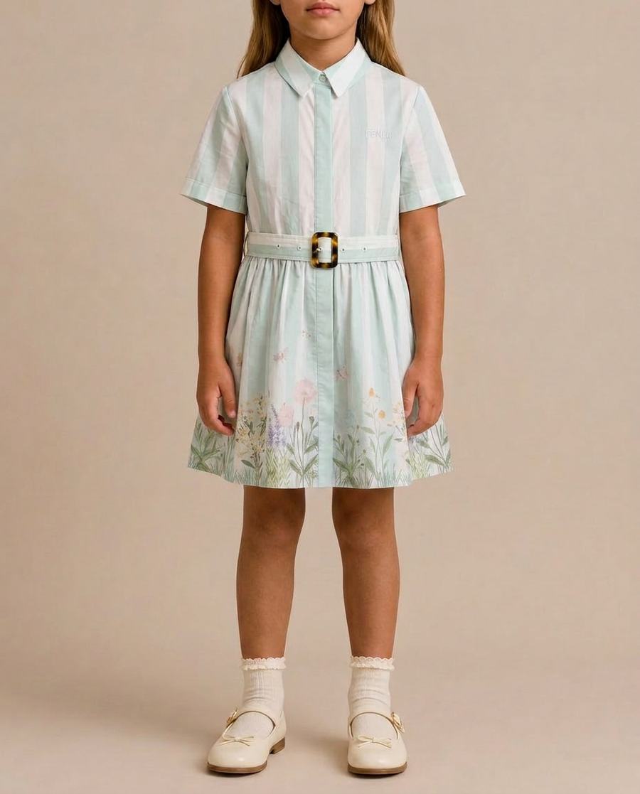 Fendi Pastel Green Striped Floral Butterfly Print Short Sleeve Dress Size 8 Years