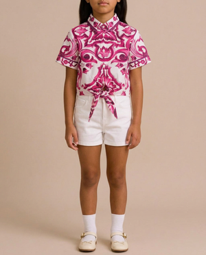 Dolce & Gabbana Pink Majolica Print Shirt with Tie Detail Size 8 Years