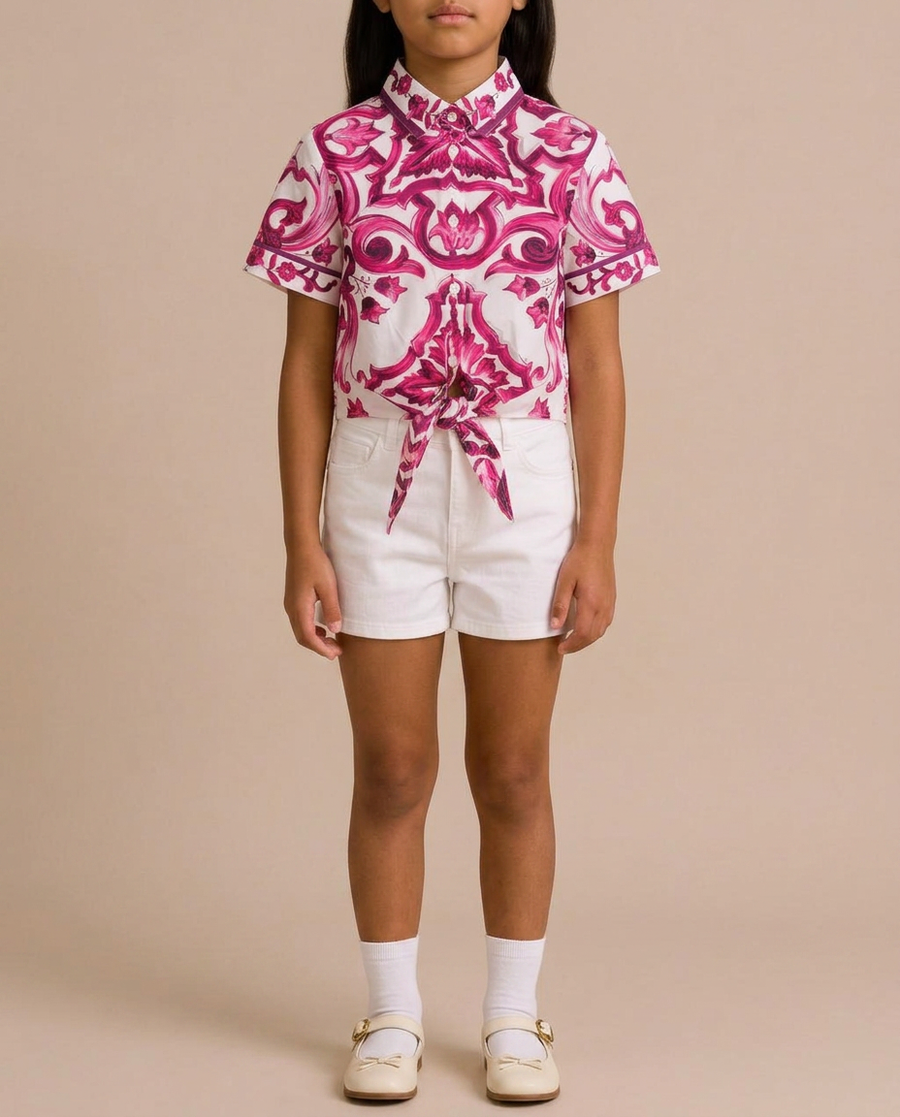 Dolce & Gabbana Pink Majolica Print Shirt with Tie Detail Size 8 Years