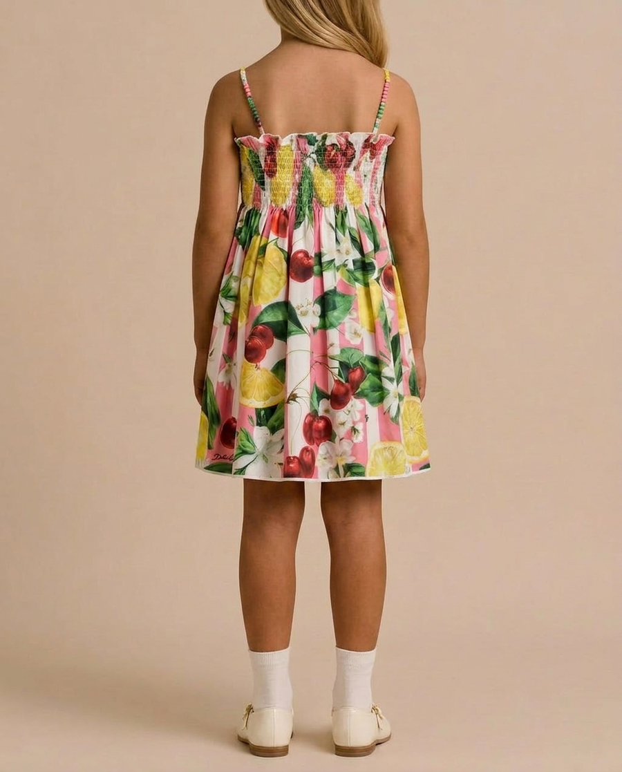 Dolce & Gabbana Pink Striped Strap Dress with Cherry and Lemon Print Detail Size 6 Years