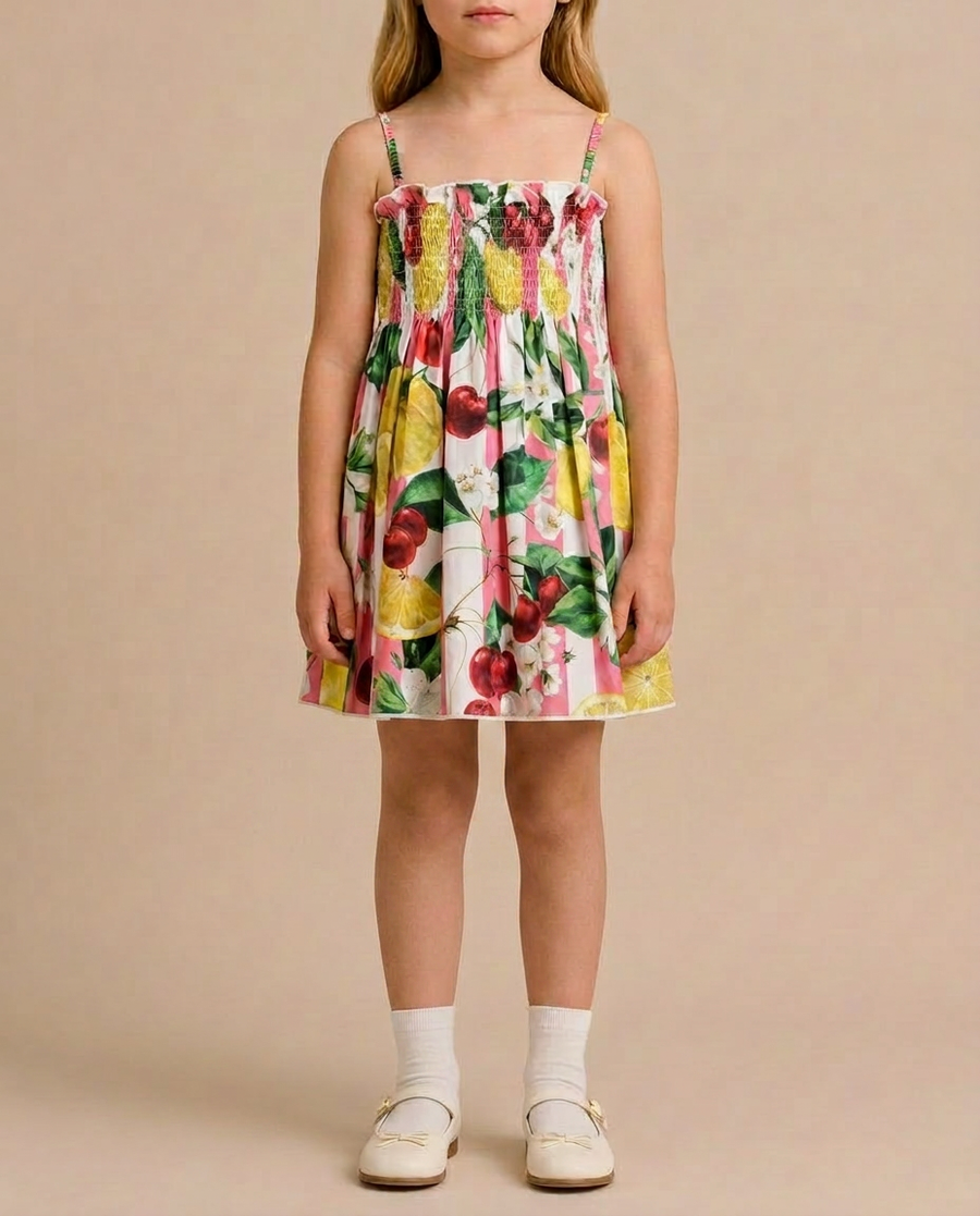 Dolce & Gabbana Pink Striped Strap Dress with Cherry and Lemon Print Detail Size 6 Years