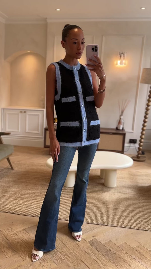 Chanel 24B Navy & Celeste Wool Sleeveless Cardigan with CC Buttons Detail Size FR 34 (UK 6)