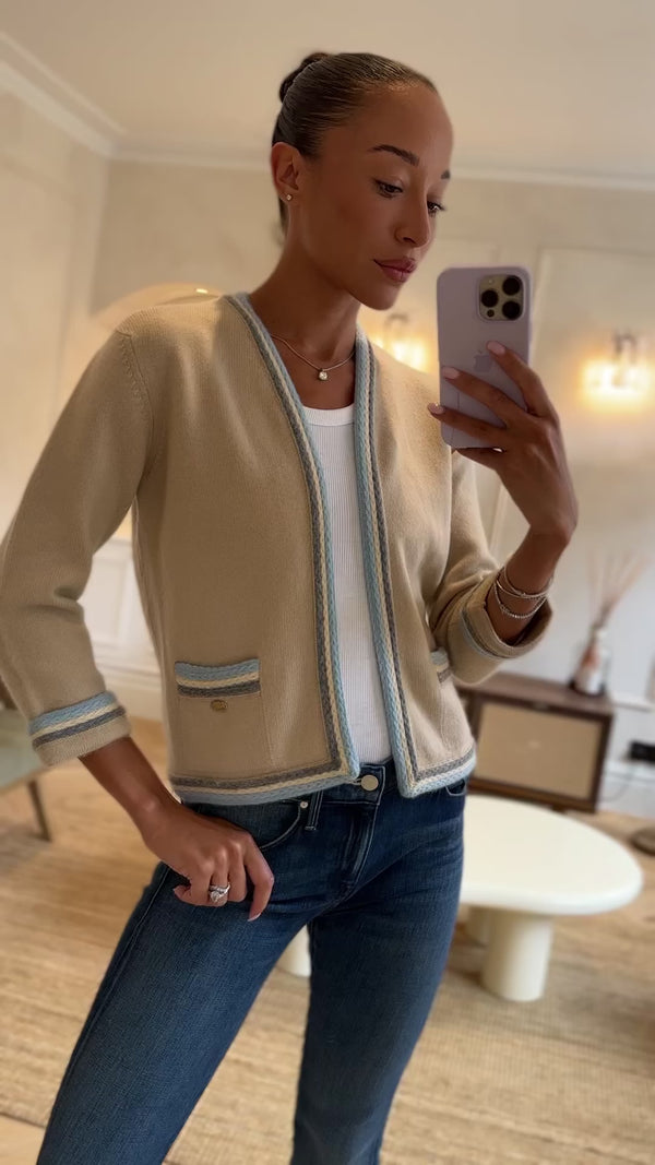 Chanel 05/A Beige Cardigan with Knitted Blue Trim Size FR 38 (UK 10)