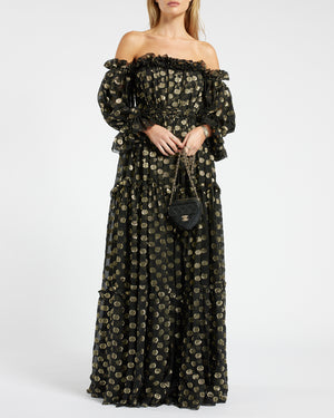 Dolce & Gabbana Black and Gold Polka Dot Off-Shoulder Gown Long Dress IT 42 (UK 10)