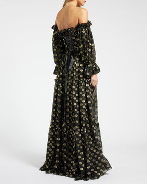 Dolce & Gabbana Black and Gold Polka Dot Off-Shoulder Gown Long Dress IT 42 (UK 10)