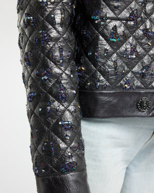 Chanel Navy Quilted with Tweed Embellishment Detail Leather Jacket FR 42 (UK 14)