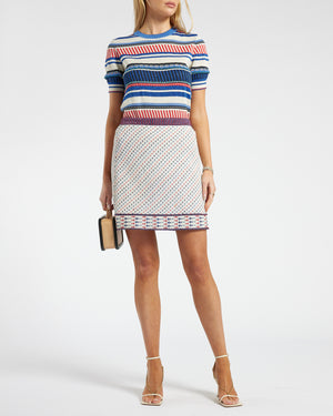 Chanel Cream, Red and Blue Metallic Knit Mini Skirt and  Top Set UK 8
