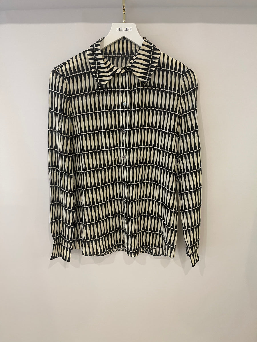Lanvin Black Cream Silk Printed Shirt and Trousers Set Size FR 36/38 (UK 8/10)