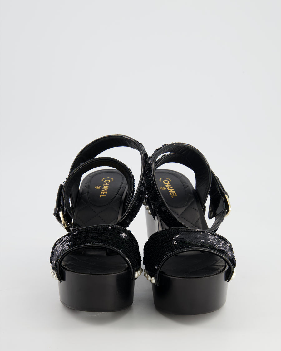 Chanel Black Sequin Wedge Heels Size EU 36.5