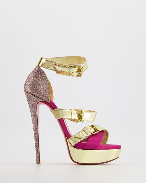 Christian Louboutin Gold Glitter with Purple Satin Platform High-Heel Size 40