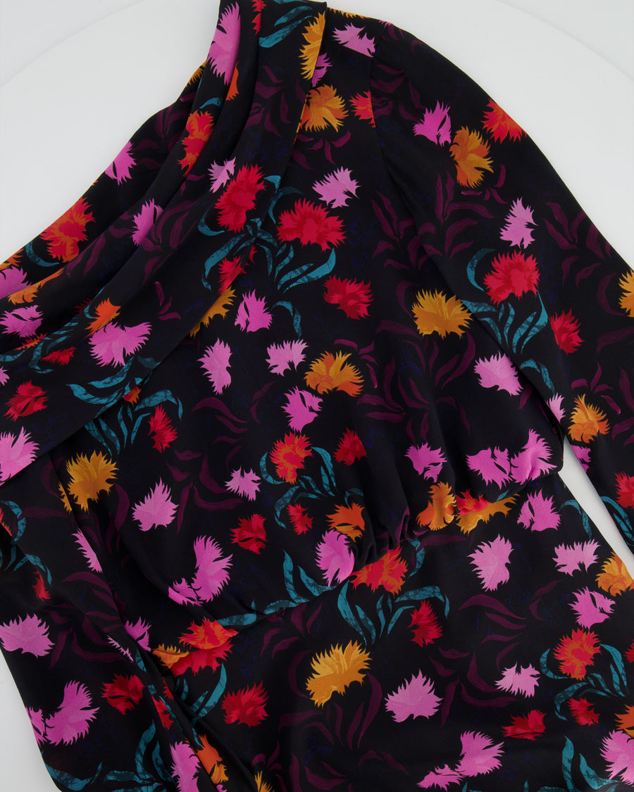 Saloni Black Silk Printed Asymmetric Midi Dress Size UK 6