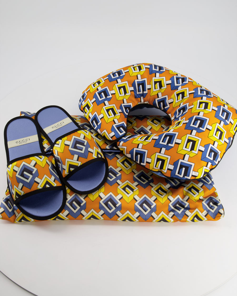 Gucci Blue and Orange Travel Silk Set Neck Pillow and Slippers
