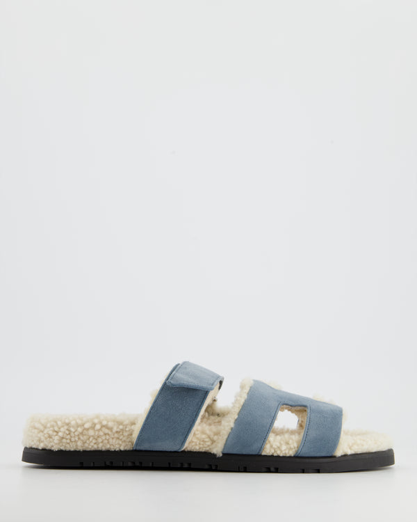 Hermès Blue Pinede and Ecru Shearling Chypre Sandals Size 39