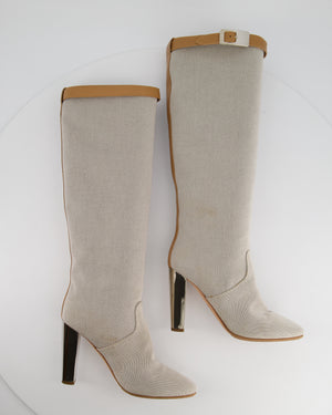Hermes Stone Canvas Knee High Boots with Tan Buckle Detail Size EU 38