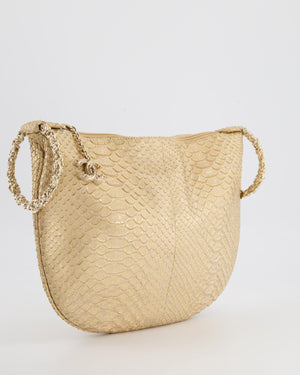 Chanel Limited Edition Beige Gold Metallic Python Hobo Droplet Bag with Gold Ring Detail