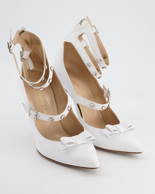 Alessandra Rich White Leather Bow And Crystal Heels Size EU 41