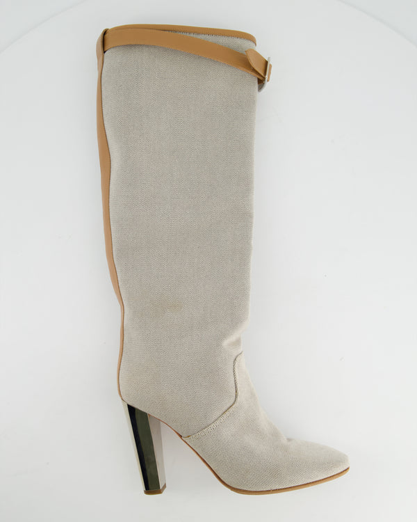 Hermes Stone Canvas Knee High Boots with Tan Buckle Detail Size EU 38