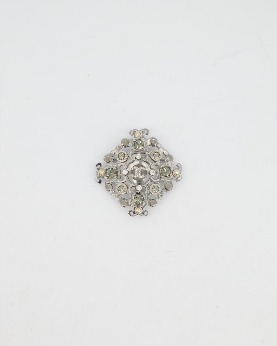 Chanel Silver Brooch with Logo and Crystal Details