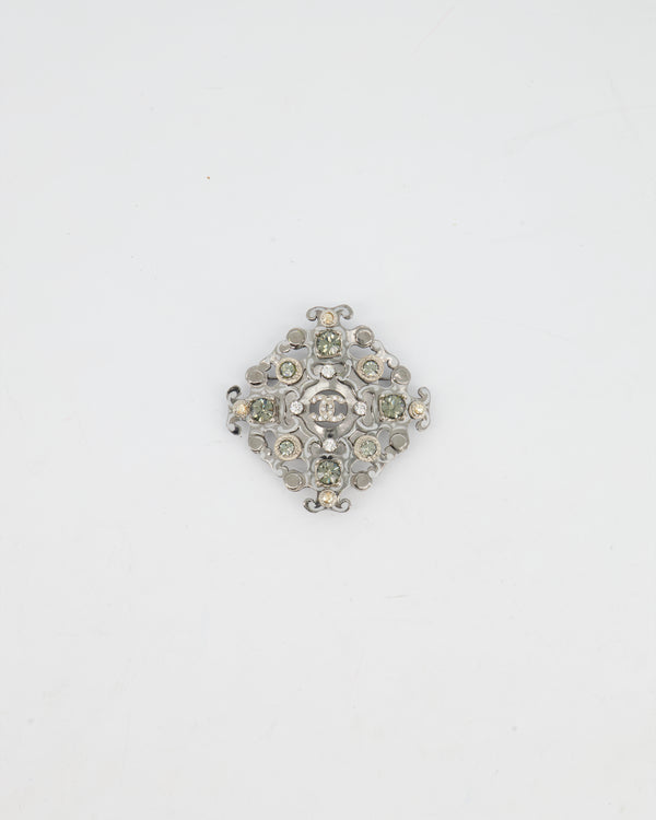 Chanel Silver Brooch with Logo and Crystal Details