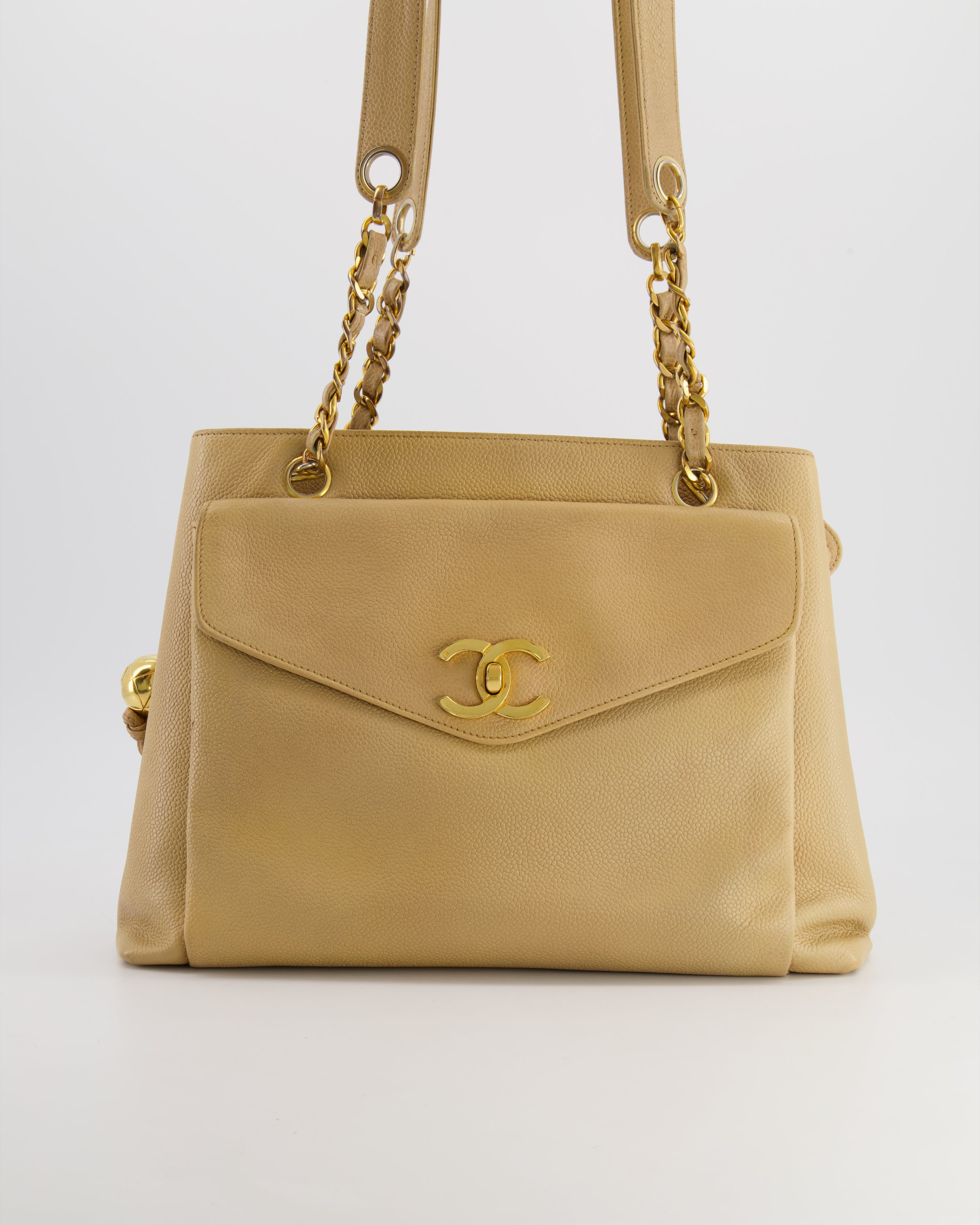 Chanel Vintage Beige Caviar CC Logo Tote Bag with 24k Gold Hardware –  Sellier