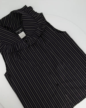 Chanel Black and White Striped Sleeveless Shirt With Peterpan Collar FR 44 (UK 16)