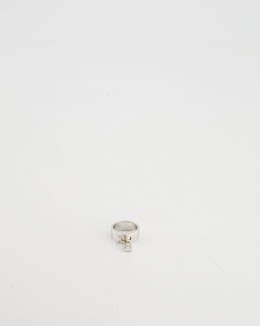 Hermès 18k White Gold Diamond "H" Lock Band Ring Size 51