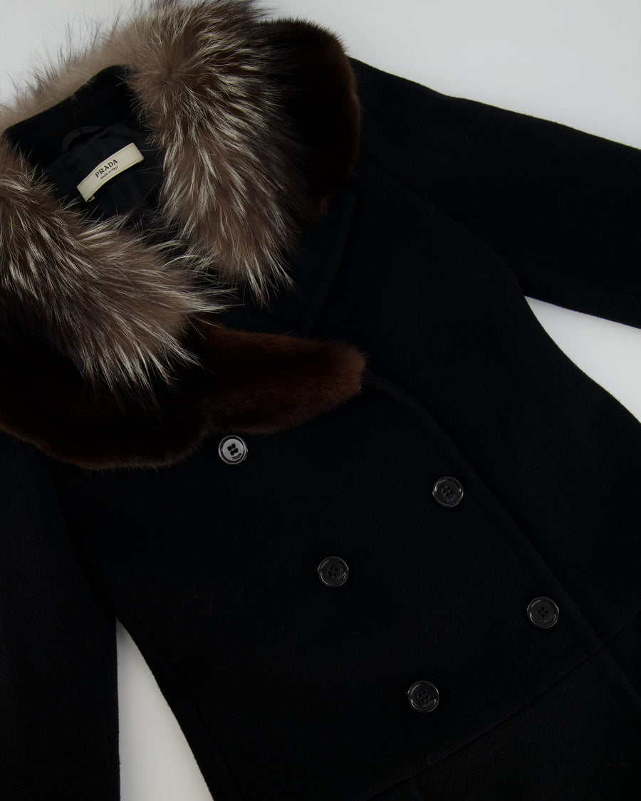 Prada Black Wool Coat with Double Fur on Collar Size IT 38 (UK 6)