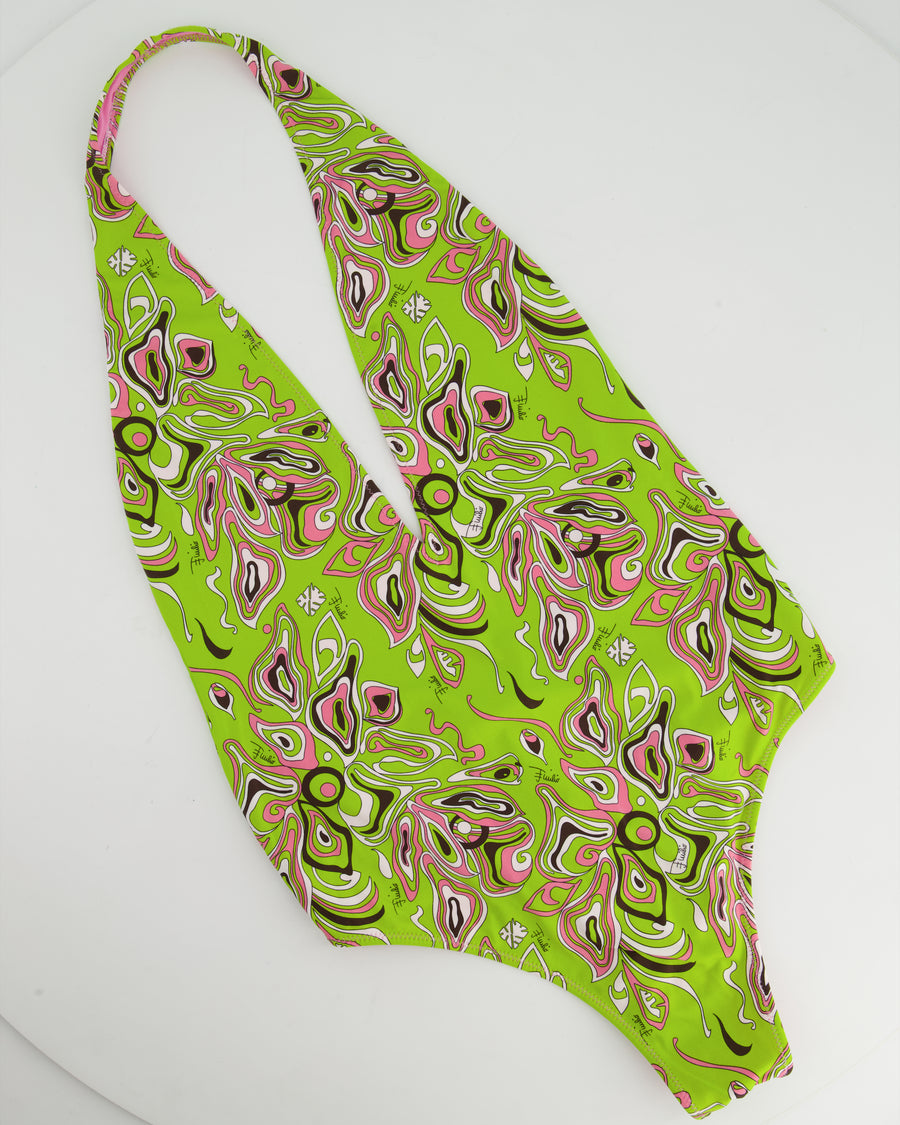Emilio Pucci Green and Pink Open Back Halter-Neck Swimsuit Size IT 38 (UK 6)