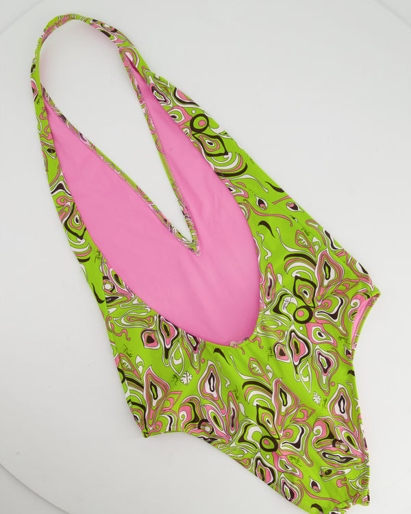Emilio Pucci Green and Pink Open Back Halter-Neck Swimsuit Size IT 38 (UK 6)