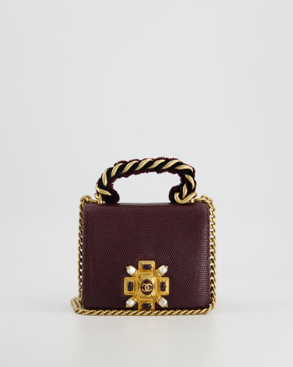 Chanel Mini Burgundy Lizard Flap Bag with Top Handle and Gold Cross Embellishment