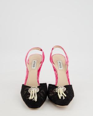 The Attico Black Lace Pink Velvet Sling Back Heel with Pearl Crystal Detail Size EU 39